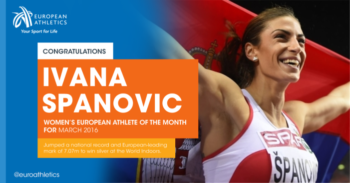 Ivana Španović je najbolja atletičarka Evrope za mesec mart 2016. godine